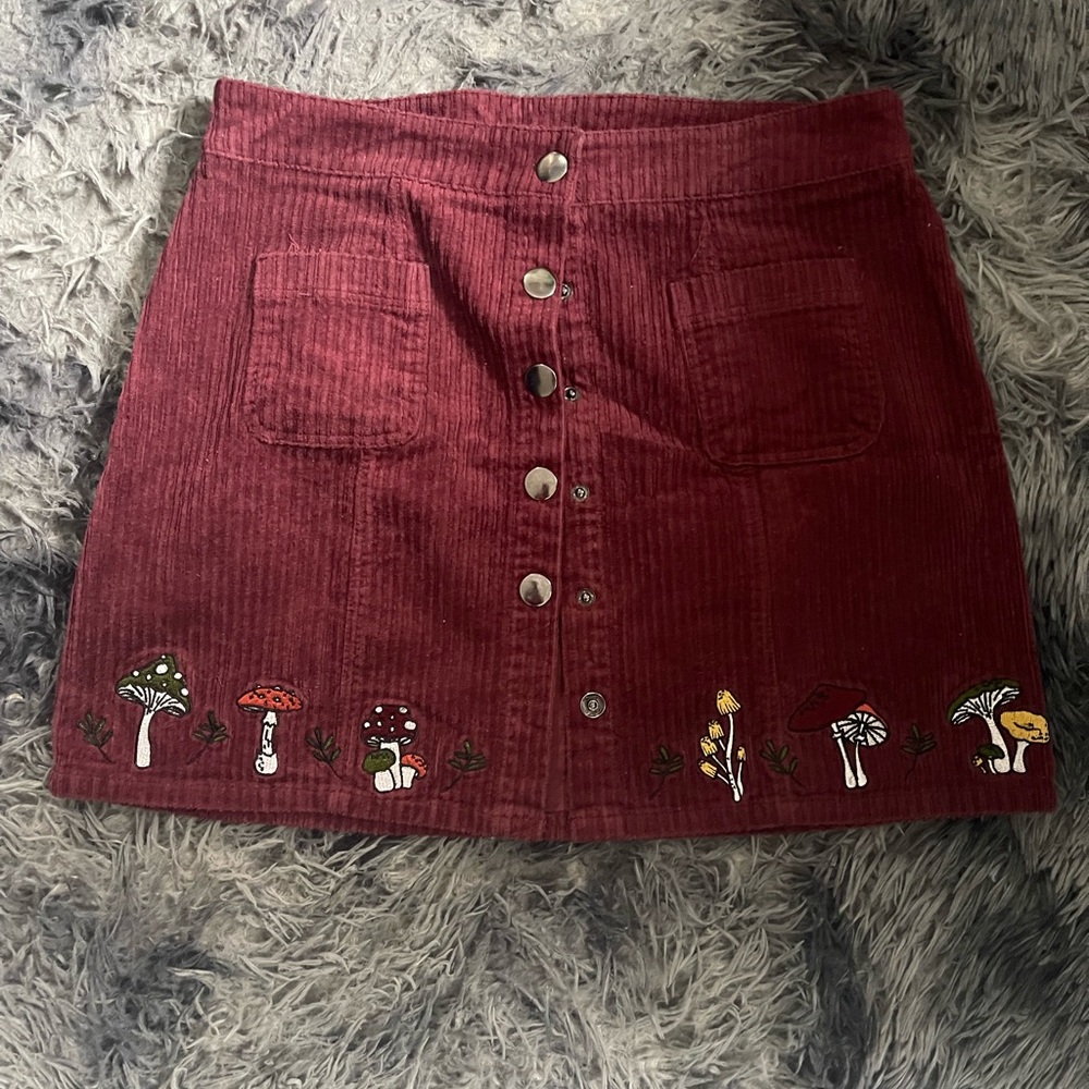 Corduroy Skirt with Snaps Buttons and Mushroom Embellishments - Picture 3 of 10